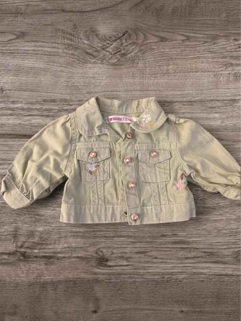 Nannette Baby Girls' Sage Floral Embroidered Jean Jacket - Size 3-6 EUC